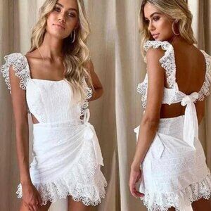 White Lace Crochet Selfie Leslie Dress Sz Small Wrap Front Open Back Sundress